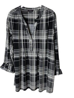 Cocomo Tunic Top Plus Size 3X Blouse 3/4 Roll-Tab Sleeves Stretch Plaid Black